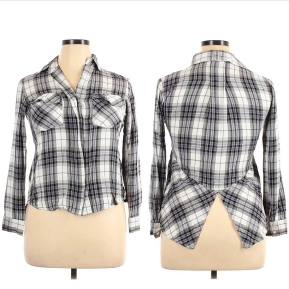 Sam Edelman Women's Sz XS Button Front Black Gray White Plaid Hi Low Shirt